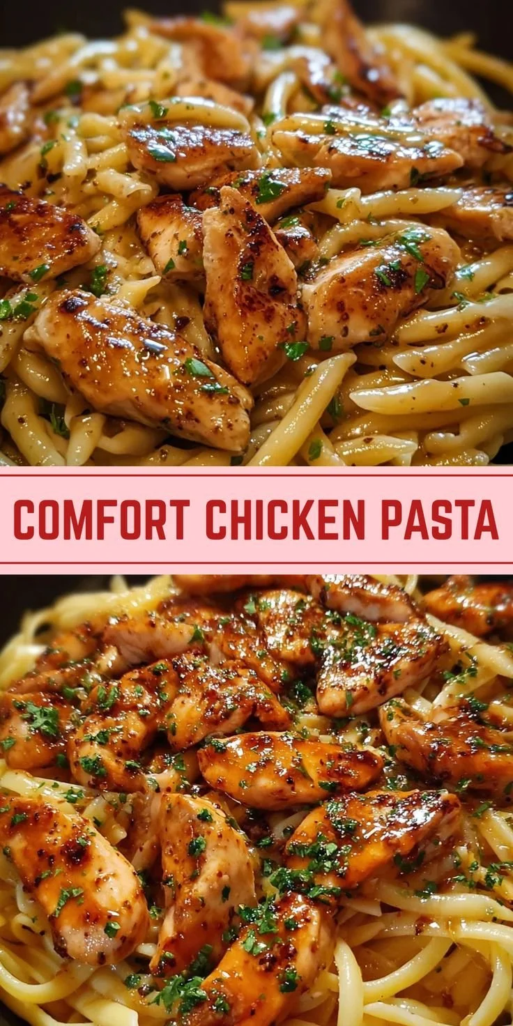 Comfort Chicken Pasta with smoky garlic butter, a delicious and hearty meal.