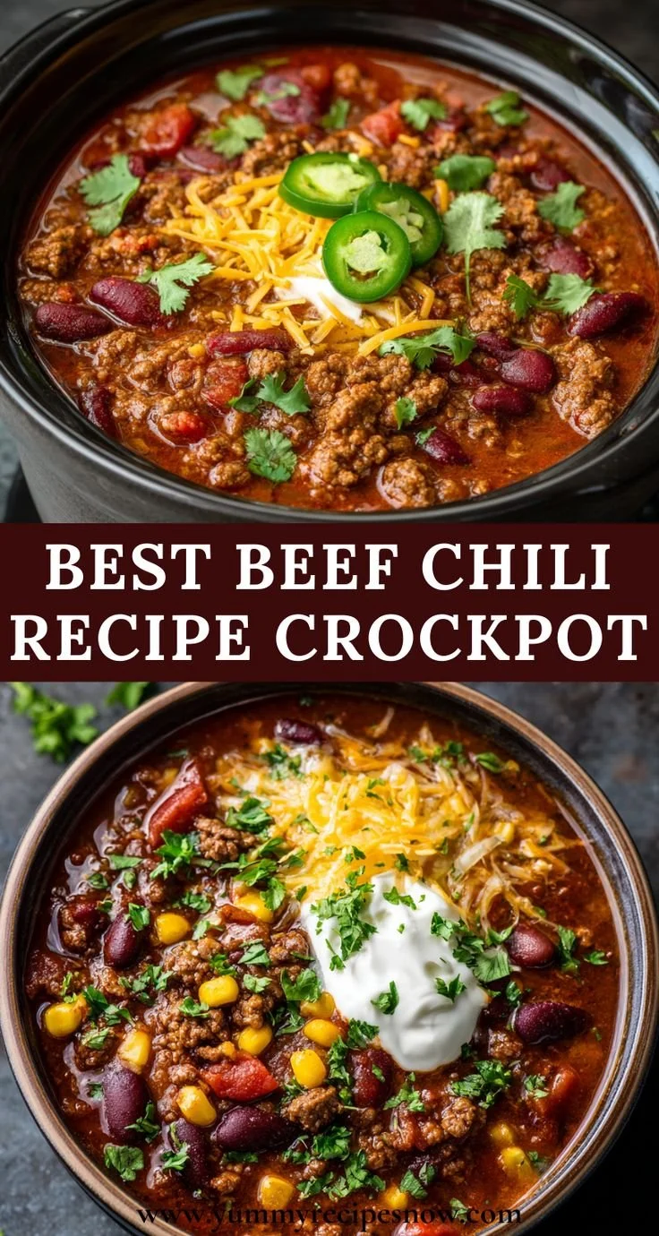 Bowl of cozy crockpot chili topped with cheese and fresh herbs.