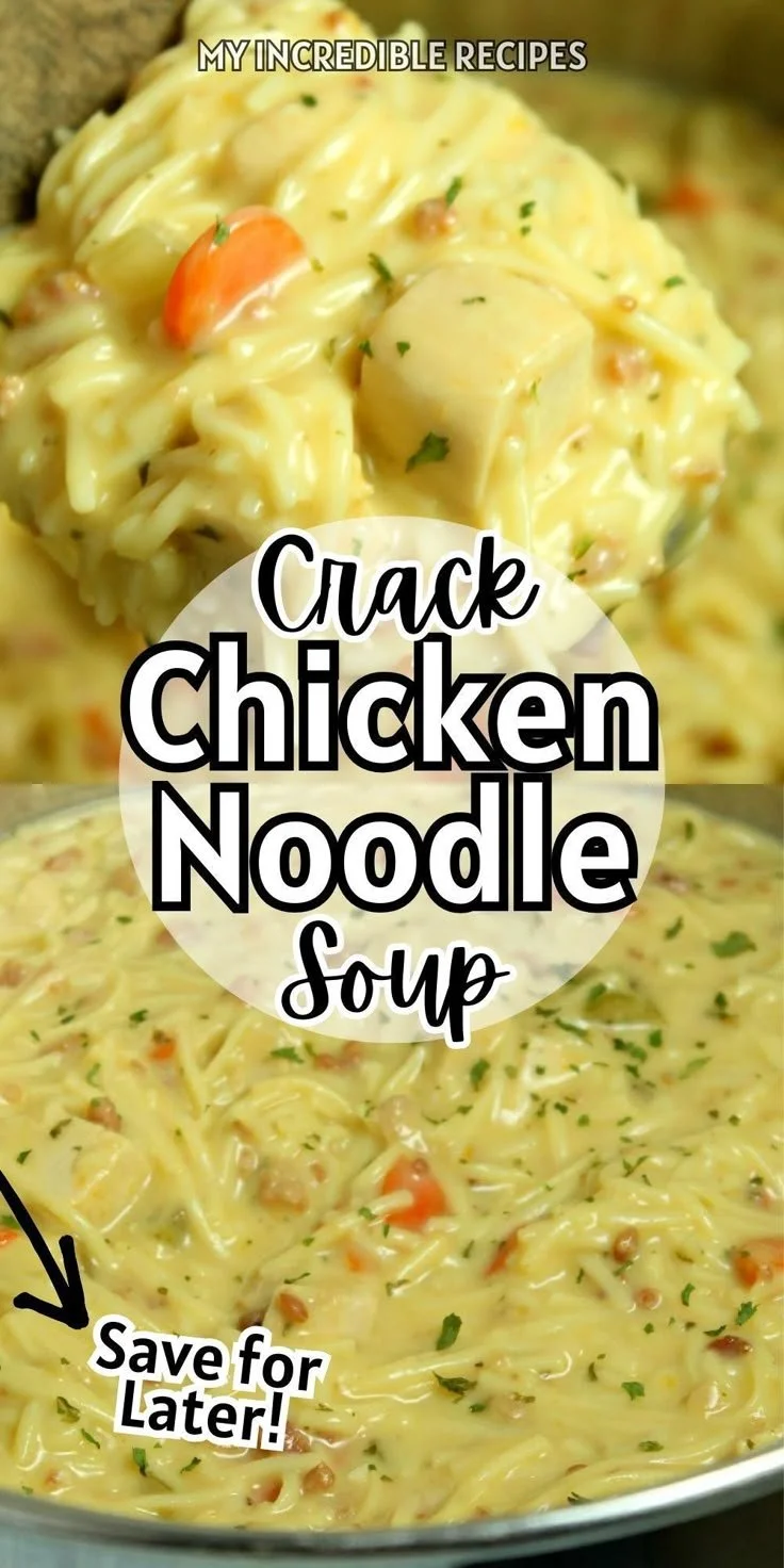 Bowl of delicious Crack Chicken Noodle Soup with herbs and chicken pieces