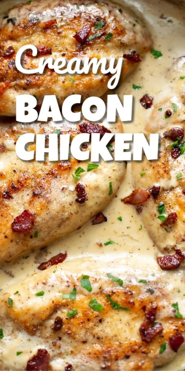 Delicious creamy bacon chicken served on a plate with herbs.