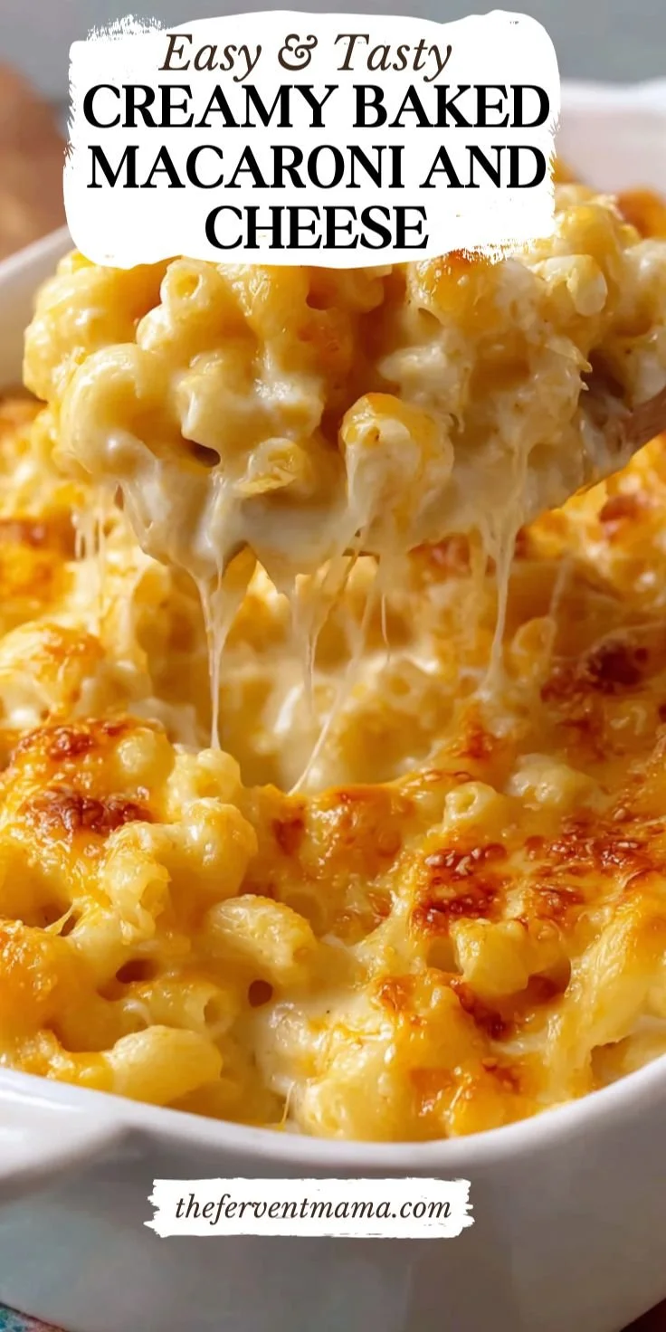 Creamy baked macaroni and cheese dish, golden and cheesy