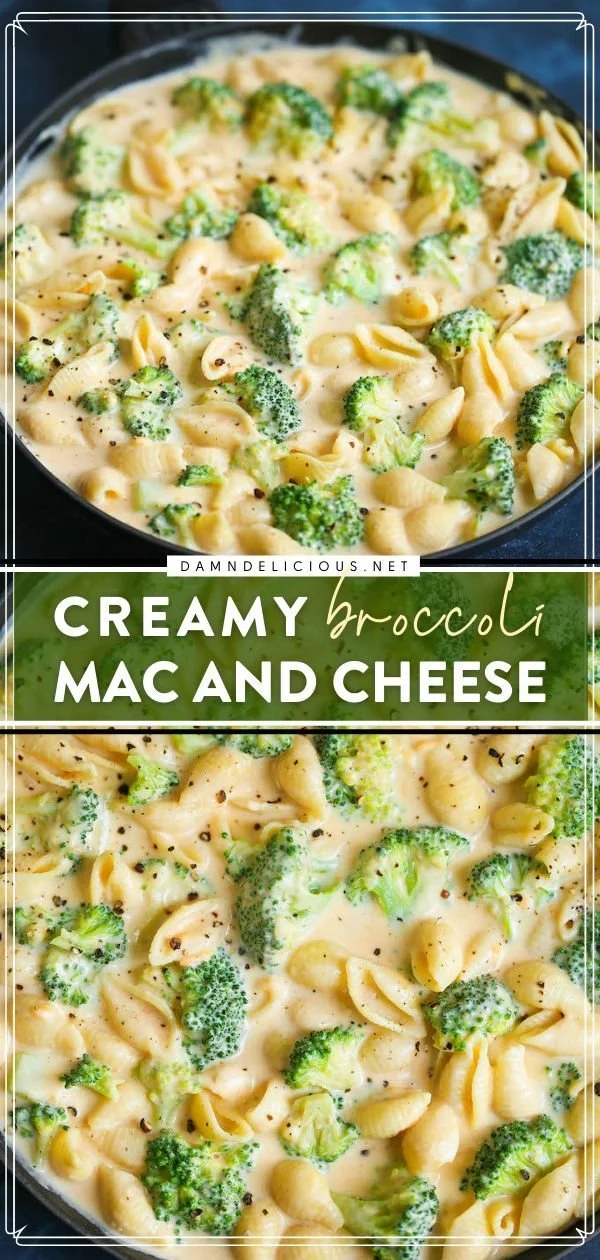 Creamy broccoli mac and cheese dish served in a bowl