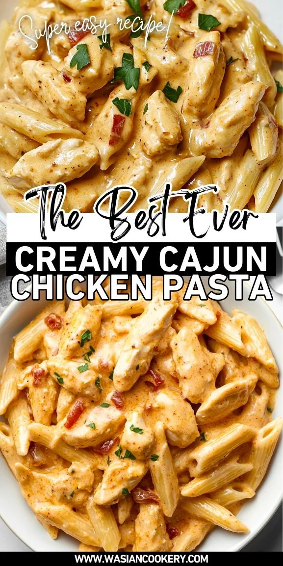 Creamy Cajun chicken served over pasta in a white bowl with fresh herbs