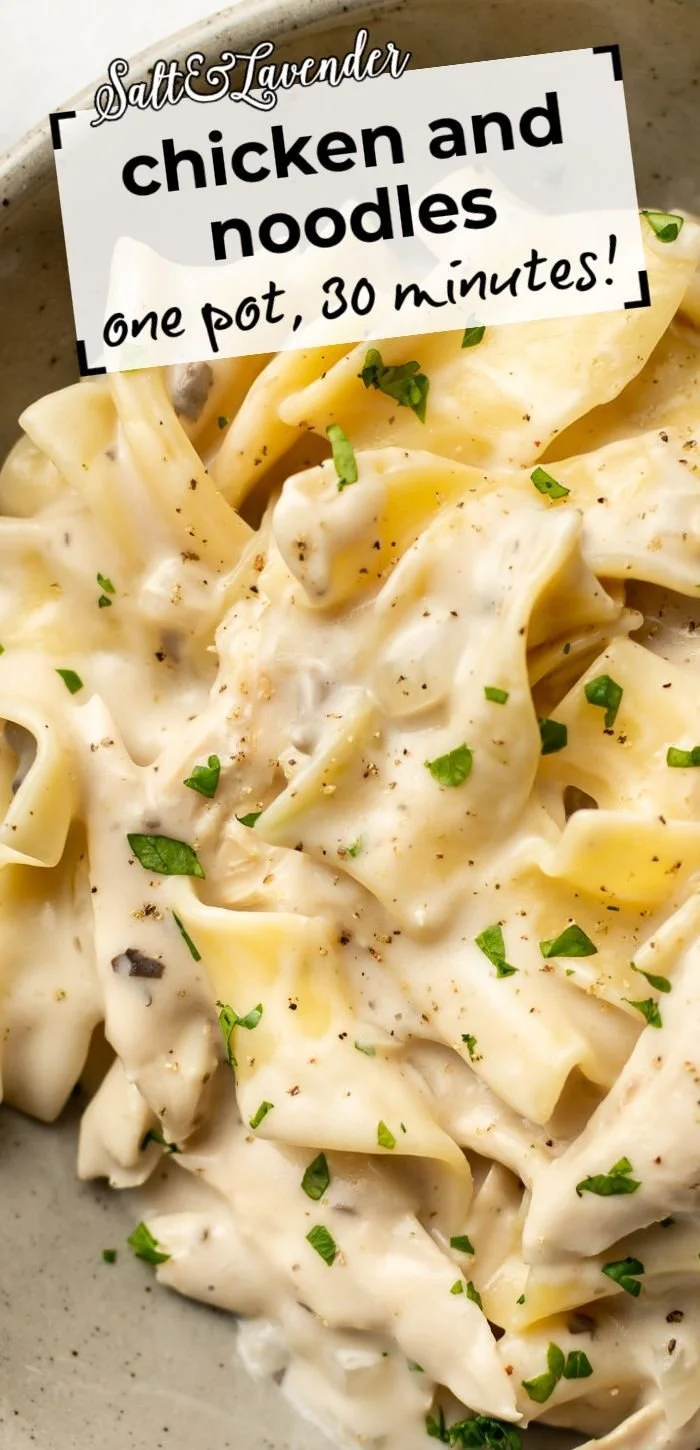 Bowl of creamy chicken and noodles garnished with herbs