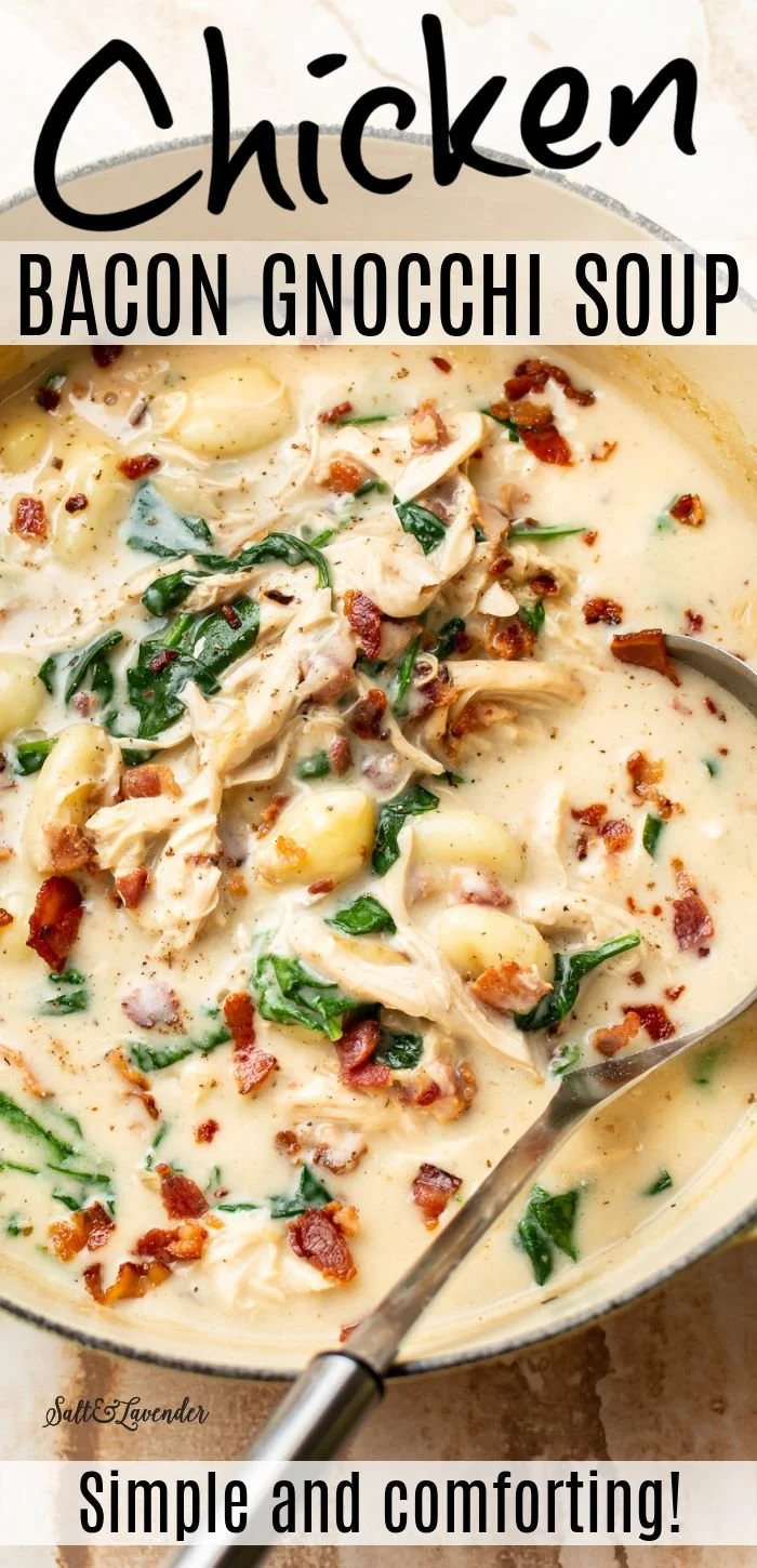 Bowl of creamy chicken bacon gnocchi soup garnished with herbs