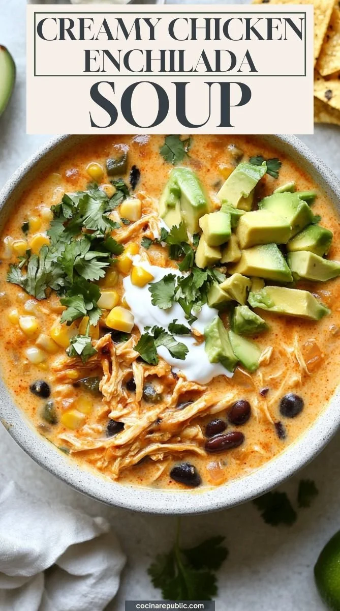 Bowl of creamy chicken enchilada soup garnished with cilantro and lime