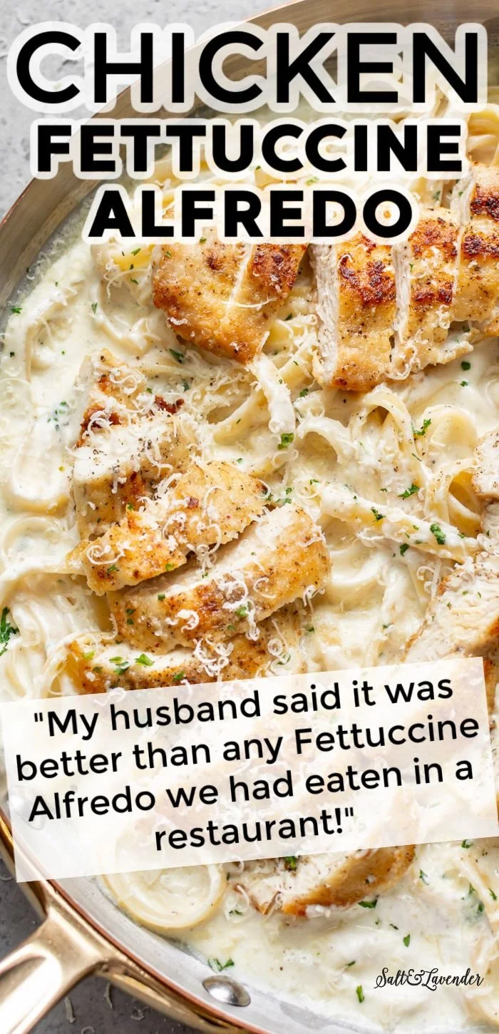 Creamy Chicken Fettuccine Alfredo with fresh herbs and parmesan cheese