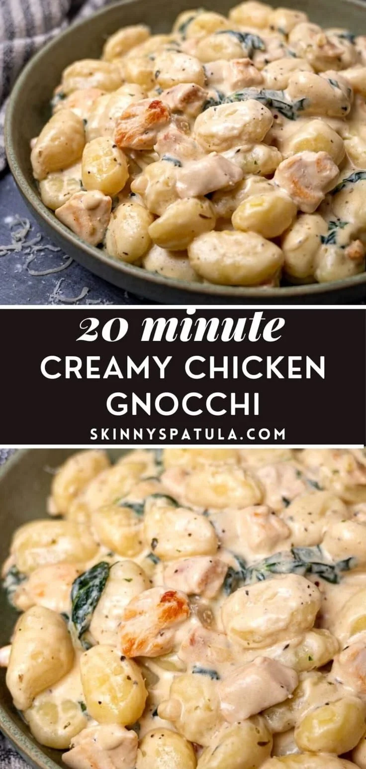 Creamy chicken gnocchi in a bowl, garnished with herbs and served warm.