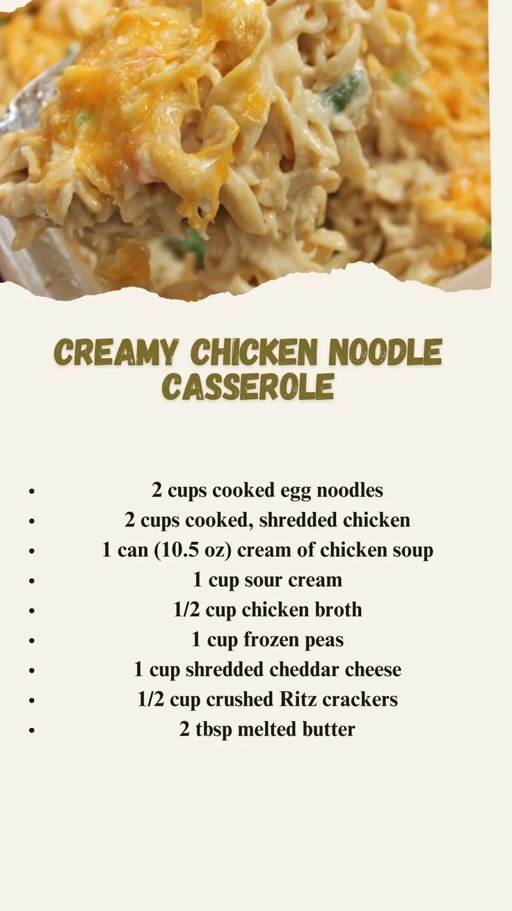 Delicious creamy chicken noodle casserole in a baking dish