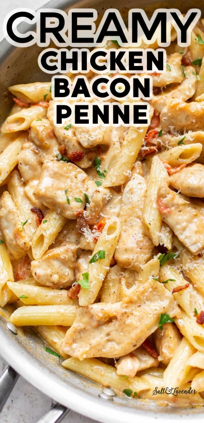 Delicious creamy chicken pasta with herbs and cheese
