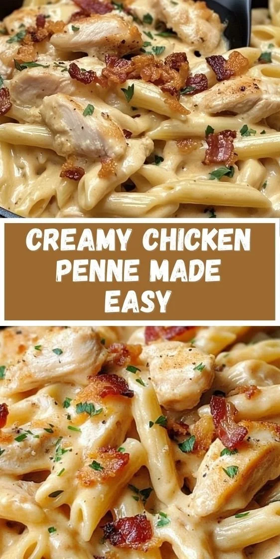 Delicious creamy chicken penne pasta served with fresh herbs and Parmesan cheese