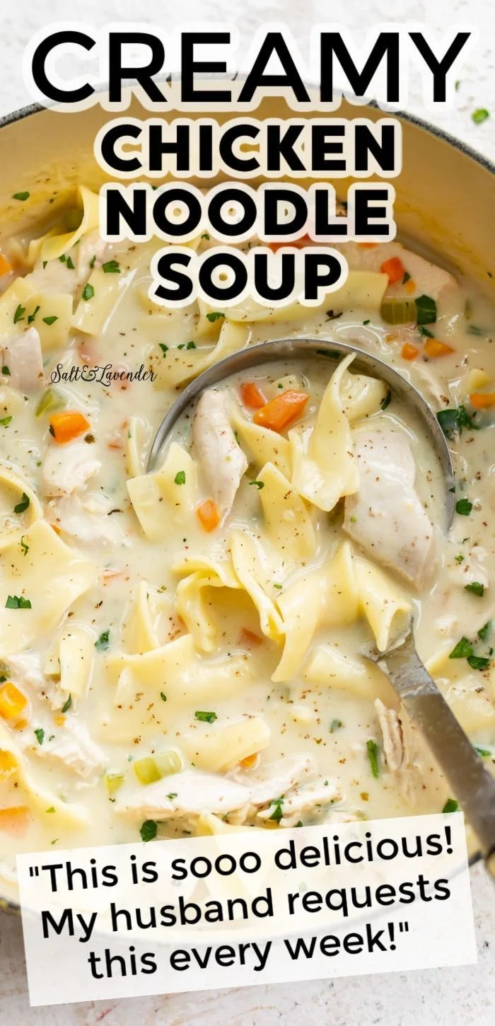 Delicious creamy chicken soup garnished with herbs in a bowl