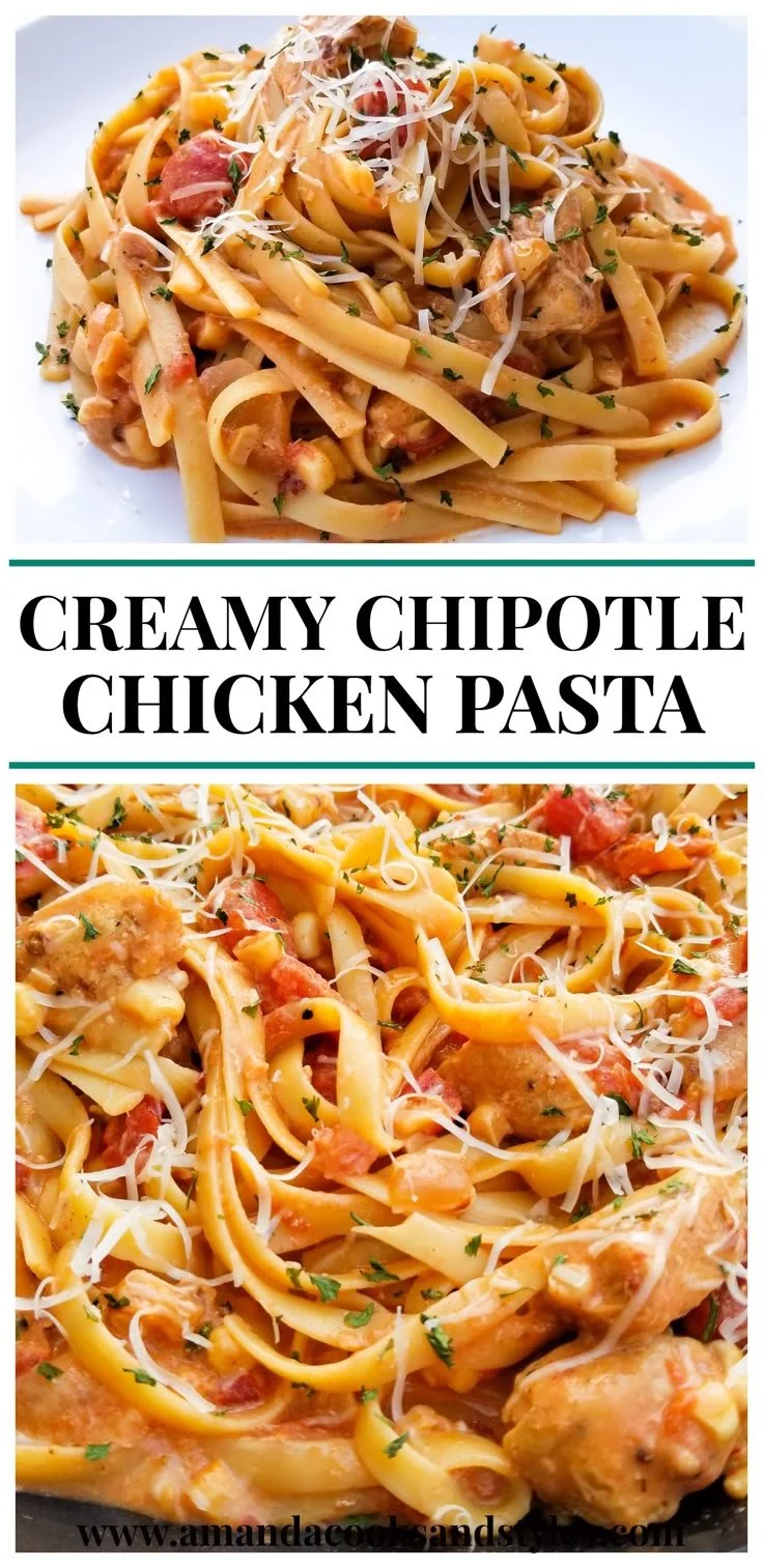 Creamy chipotle chicken pasta dish garnished with herbs
