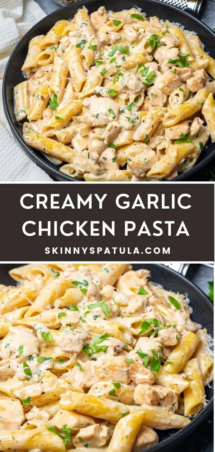 Creamy garlic chicken pasta served on a white plate with herbs and cheese