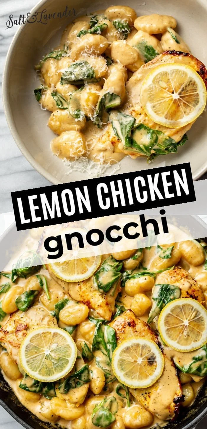 Creamy lemon parmesan chicken gnocchi topped with parsley and lemon zest