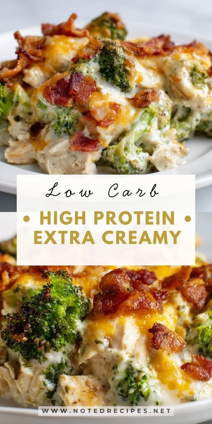 Creamy low carb chicken casserole with broccoli and bacon served in a dish.