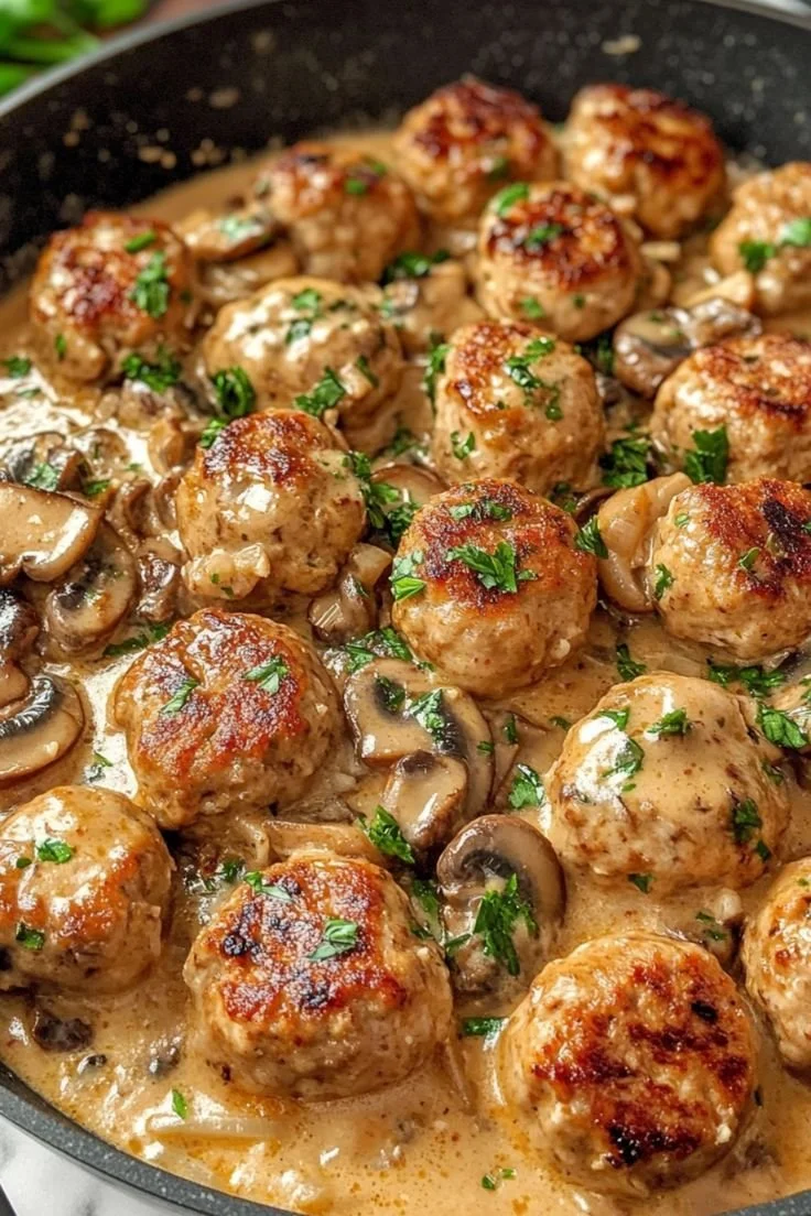 Creamy mushroom chicken meatballs served on a plate