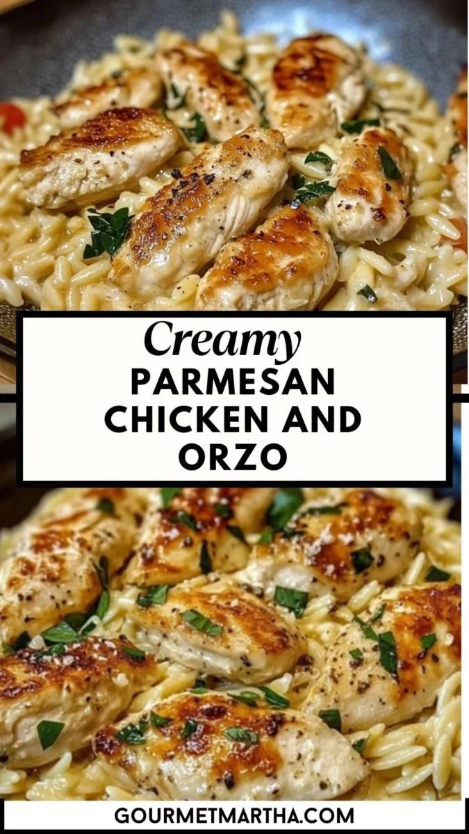 Creamy Parmesan chicken served with orzo in a delicious sauce.