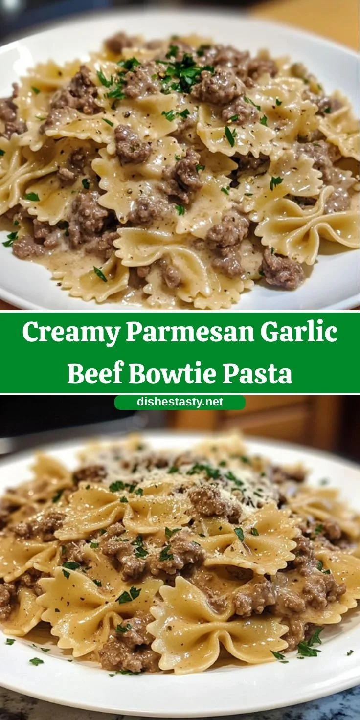 Creamy Parmesan garlic beef bowtie pasta in a bowl garnished with parsley