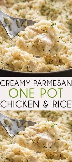 Creamy Parmesan one pot chicken and rice dish ready to serve