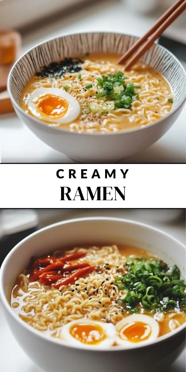 Delicious creamy ramen bowl garnished with green onions and soft-boiled egg