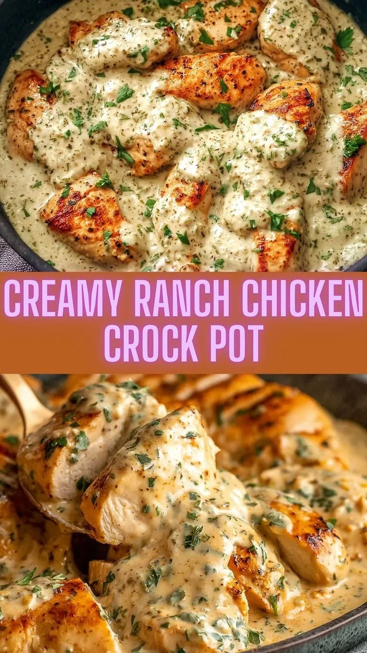 Creamy ranch chicken cooked in a Crock Pot, garnished with herbs for a cozy dish.