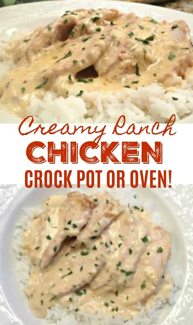 Creamy ranch chicken dish cooked in a crock pot or oven with fresh herbs