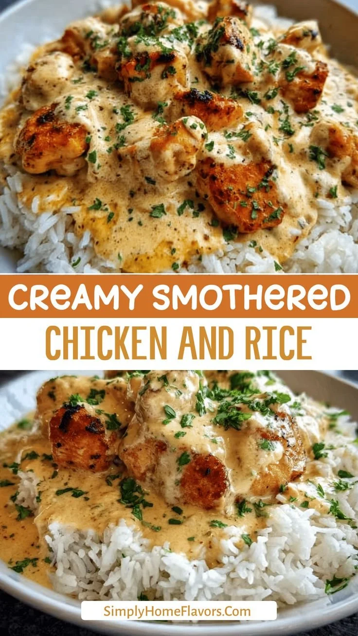 Creamy Smothered Chicken served with rice on a plate