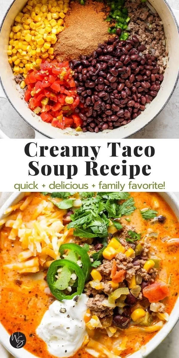 Delicious creamy taco soup topped with cheese and cilantro