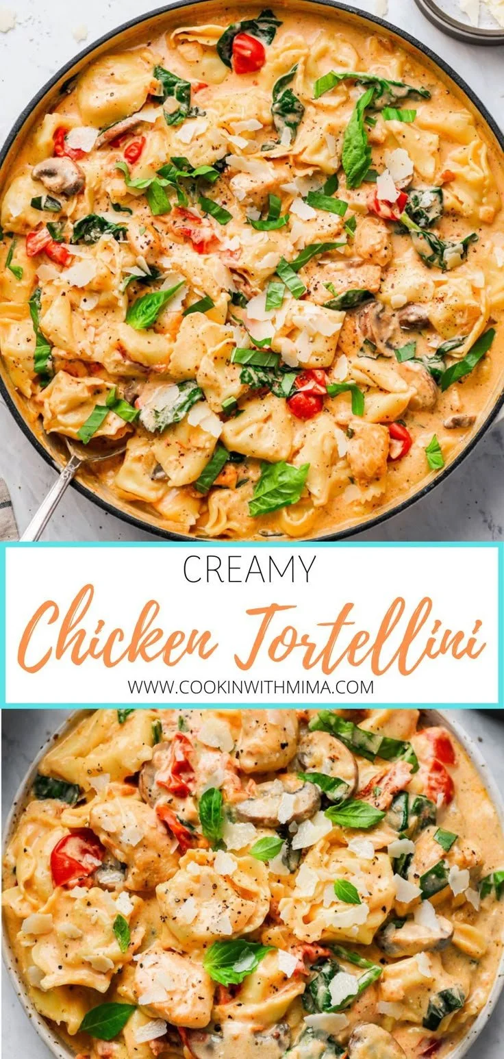 Bowl of creamy tortellini chicken pasta topped with fresh herbs and cheese