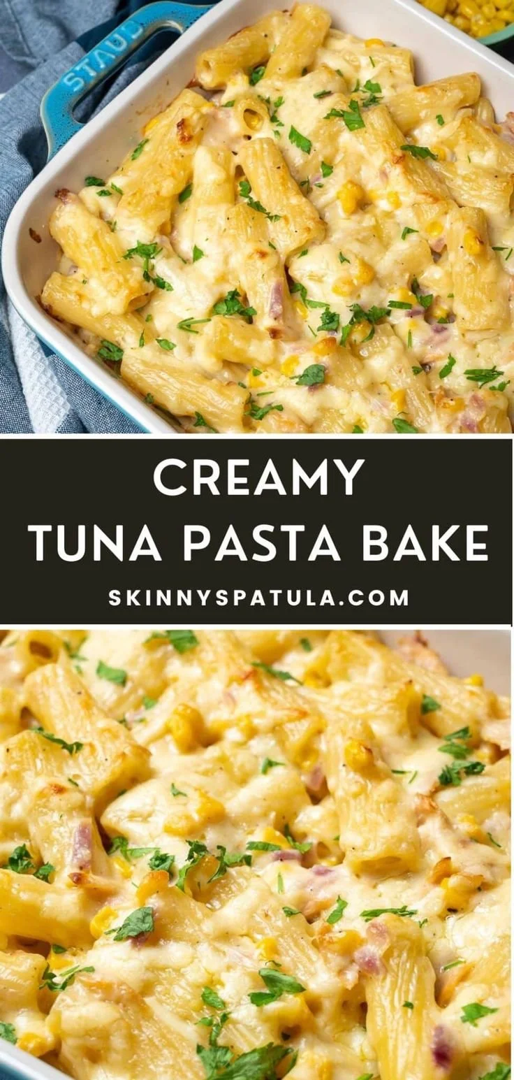 Creamy tuna pasta bake with noodles and cheese, a delicious dinner recipe.