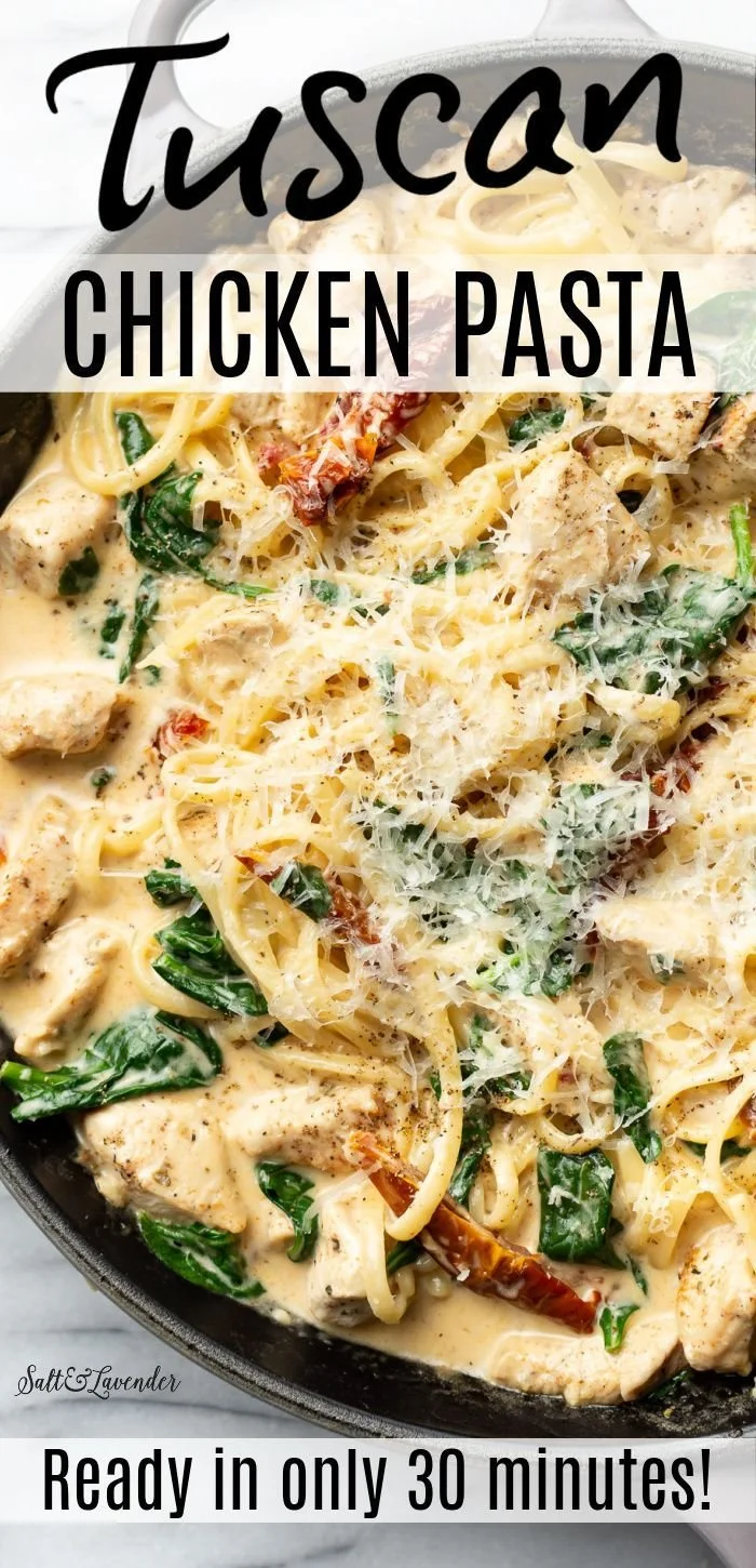Creamy Tuscan chicken pasta dish with spinach and sun-dried tomatoes