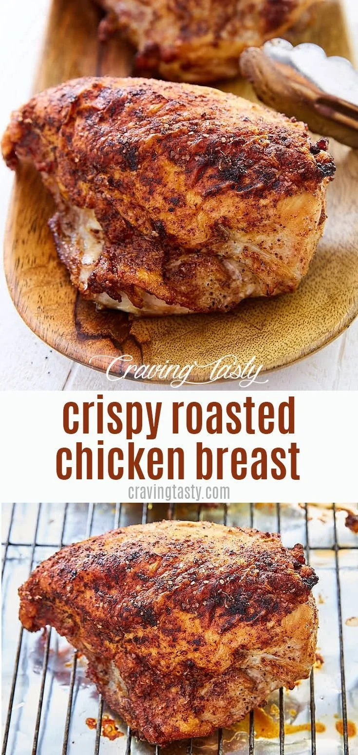 Crispy oven roasted chicken breast served with herbs and spices.
