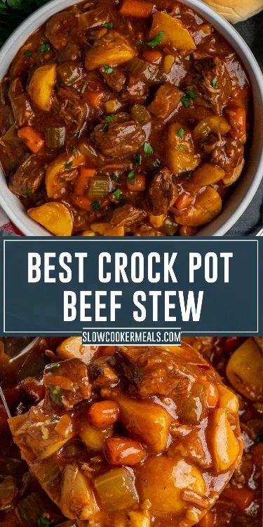 Crock Pot beef stew simmering in a bowl with vegetables and herbs