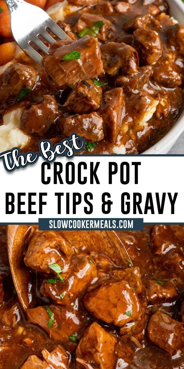 Crock Pot beef tips and gravy served with mashed potatoes and vegetables