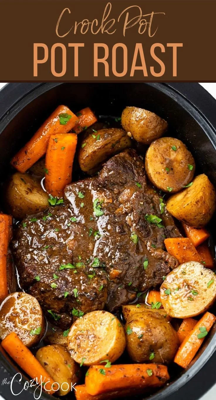 Delicious Crock Pot Roast with Vegetables and Beef cooked to perfection.