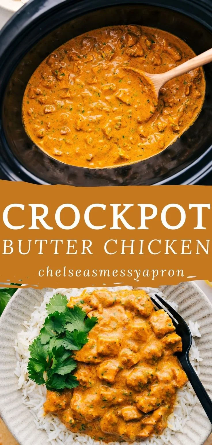 Delicious crockpot butter chicken served with rice and garnished with cilantro