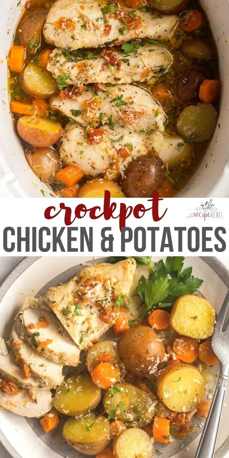 Delicious crockpot chicken and potatoes meal prepared in a slow cooker