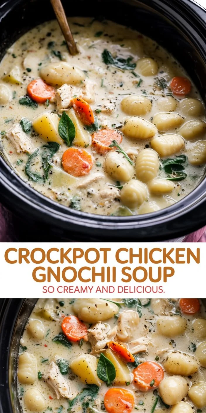 Bowl of Crockpot Chicken Gnocchi Soup with fresh herbs and ingredients
