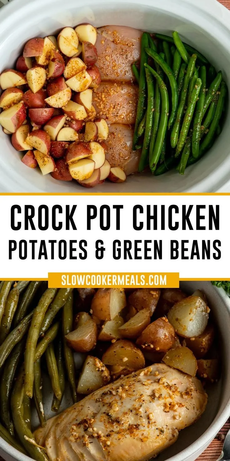 Crockpot chicken with potatoes and green beans in a slow cooker