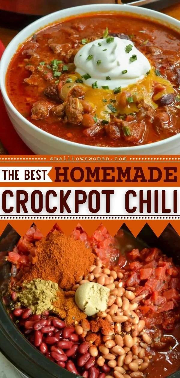 Bowl of hearty Crockpot Chili topped with cheese and fresh herbs