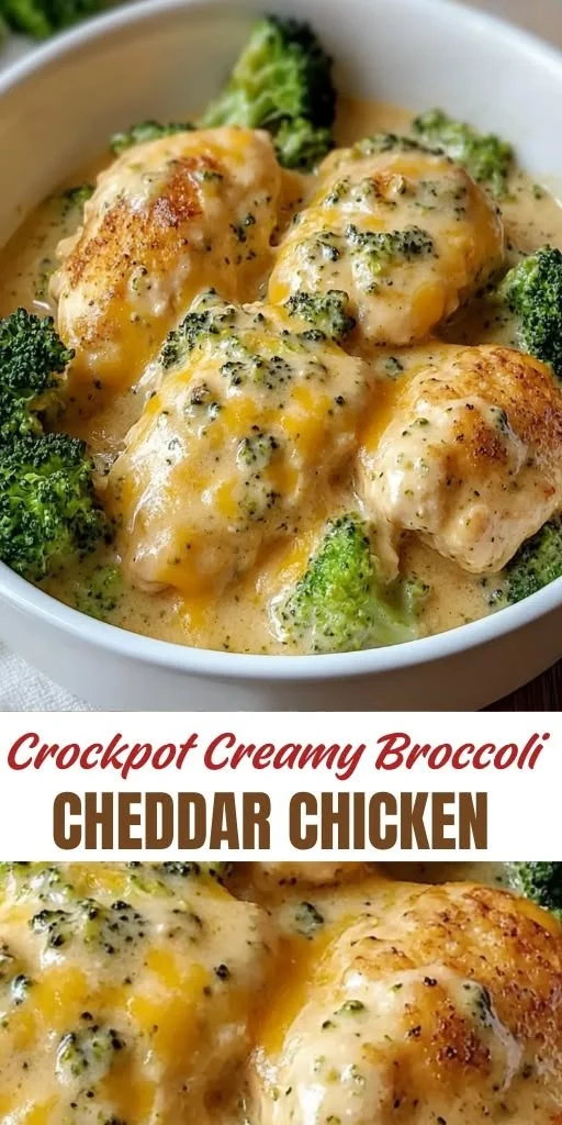 Crockpot creamy broccoli cheddar chicken dinner in a slow cooker