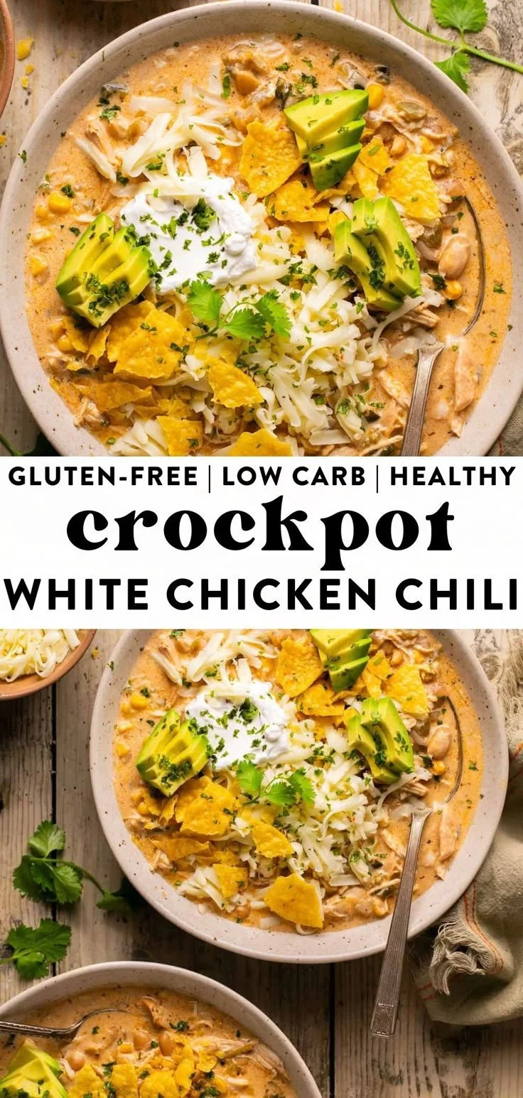 Healthy white chicken chili in a crockpot