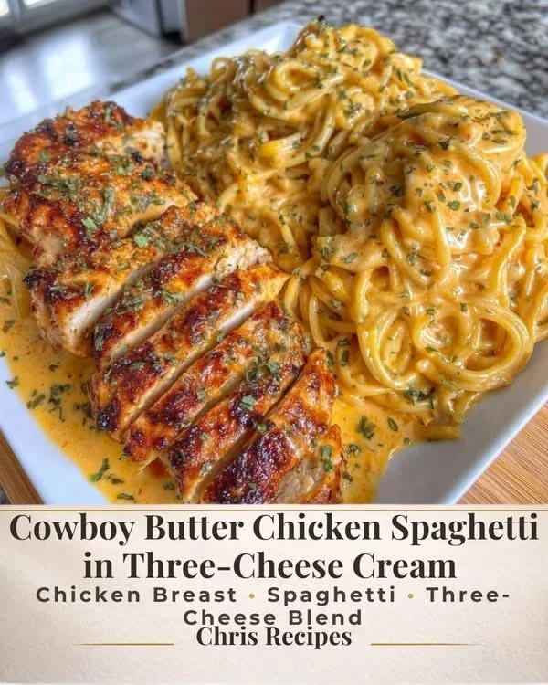 Crockpot Butter Chicken Spaghetti with Three-Cheese Cream in a bowl