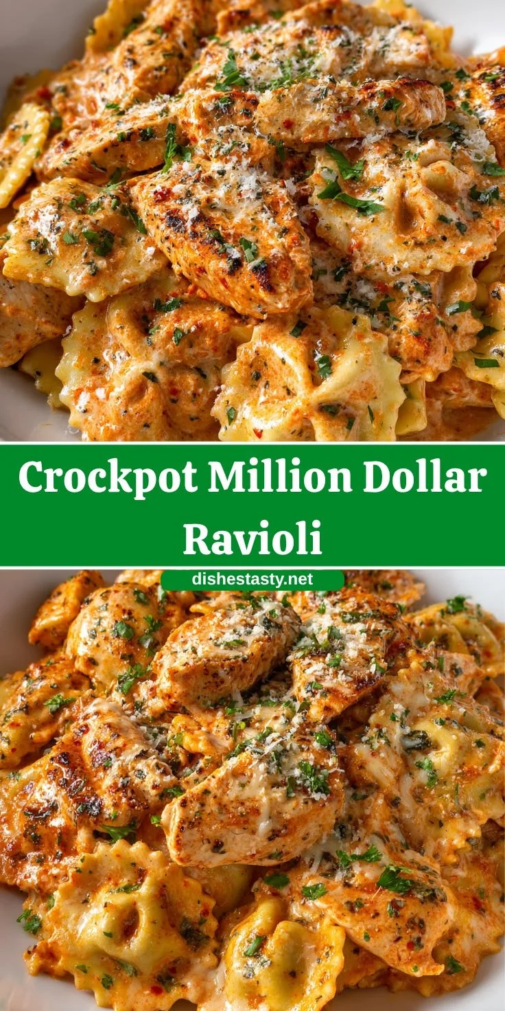 Crockpot Million Dollar Ravioli dish full of cheese and creamy sauce