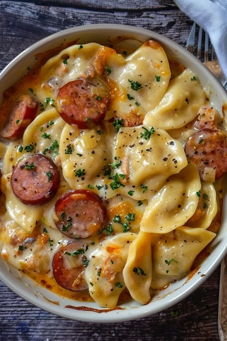 Delicious Crockpot Pierogi Casserole layered with kielbasa and cheese