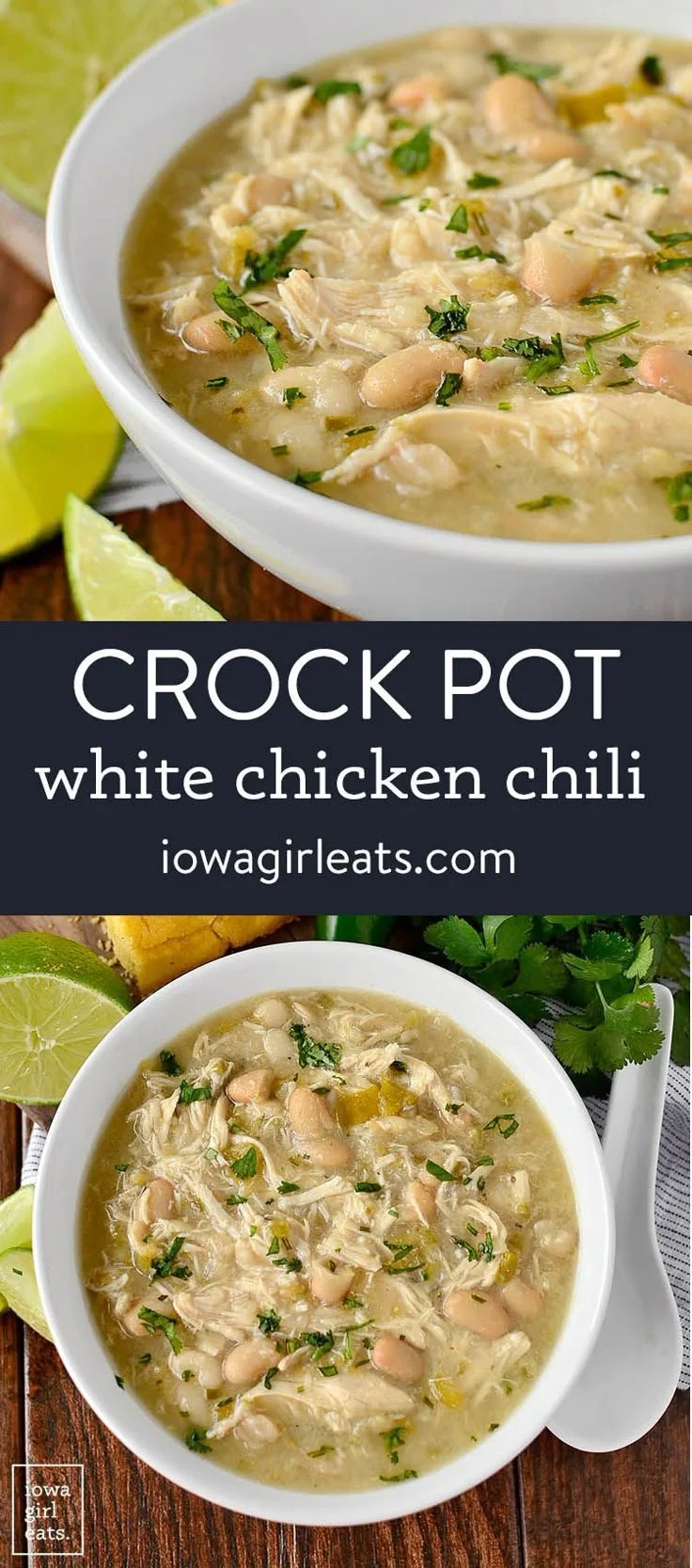 CrockPot white chicken chili served in a bowl with toppings