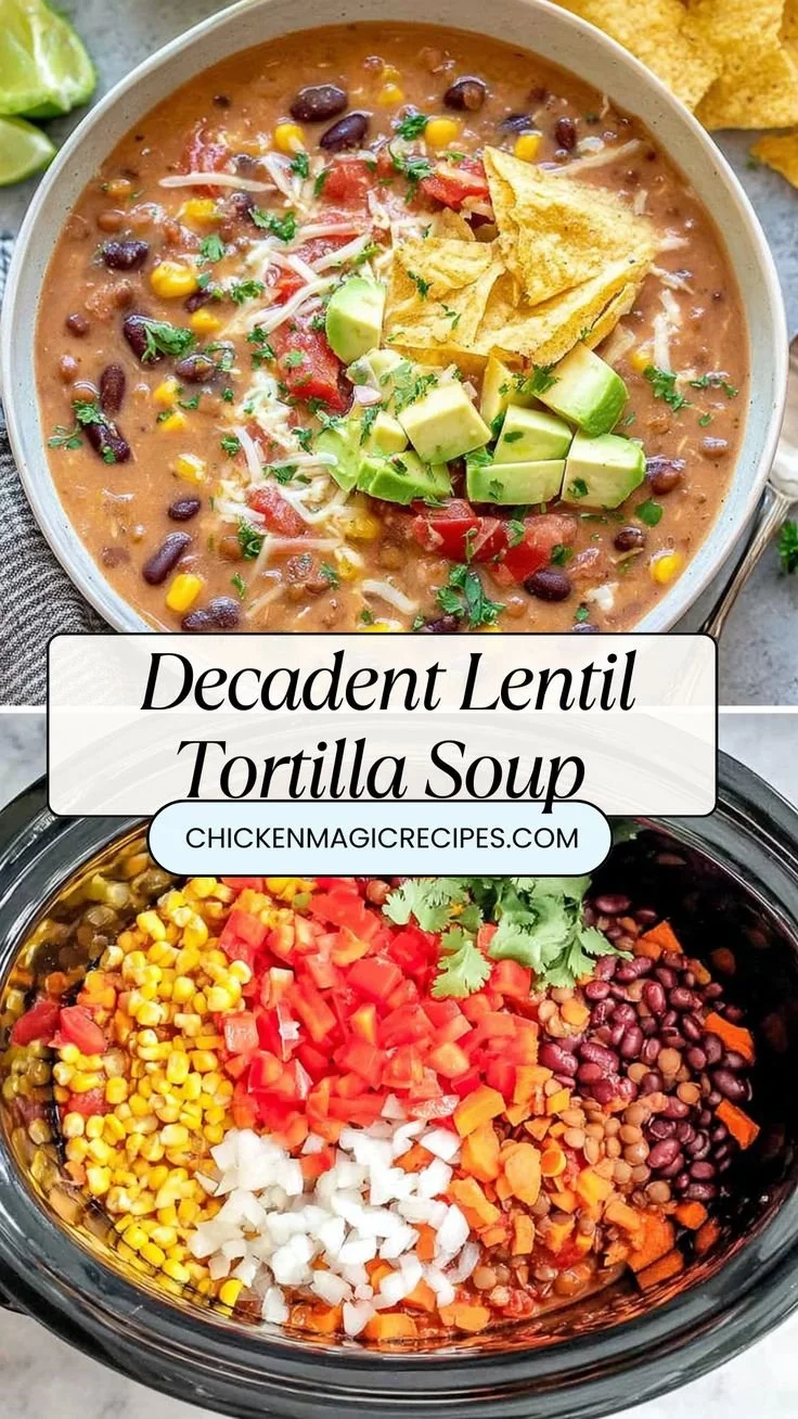 Bowl of decadent lentil tortilla soup garnished with tortilla strips and avocado