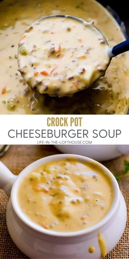 Bowl of delicious Crock Pot Cheeseburger Soup with cheese and garnishes