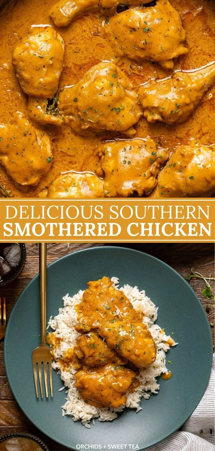 Delicious Southern smothered chicken served with gravy and sides